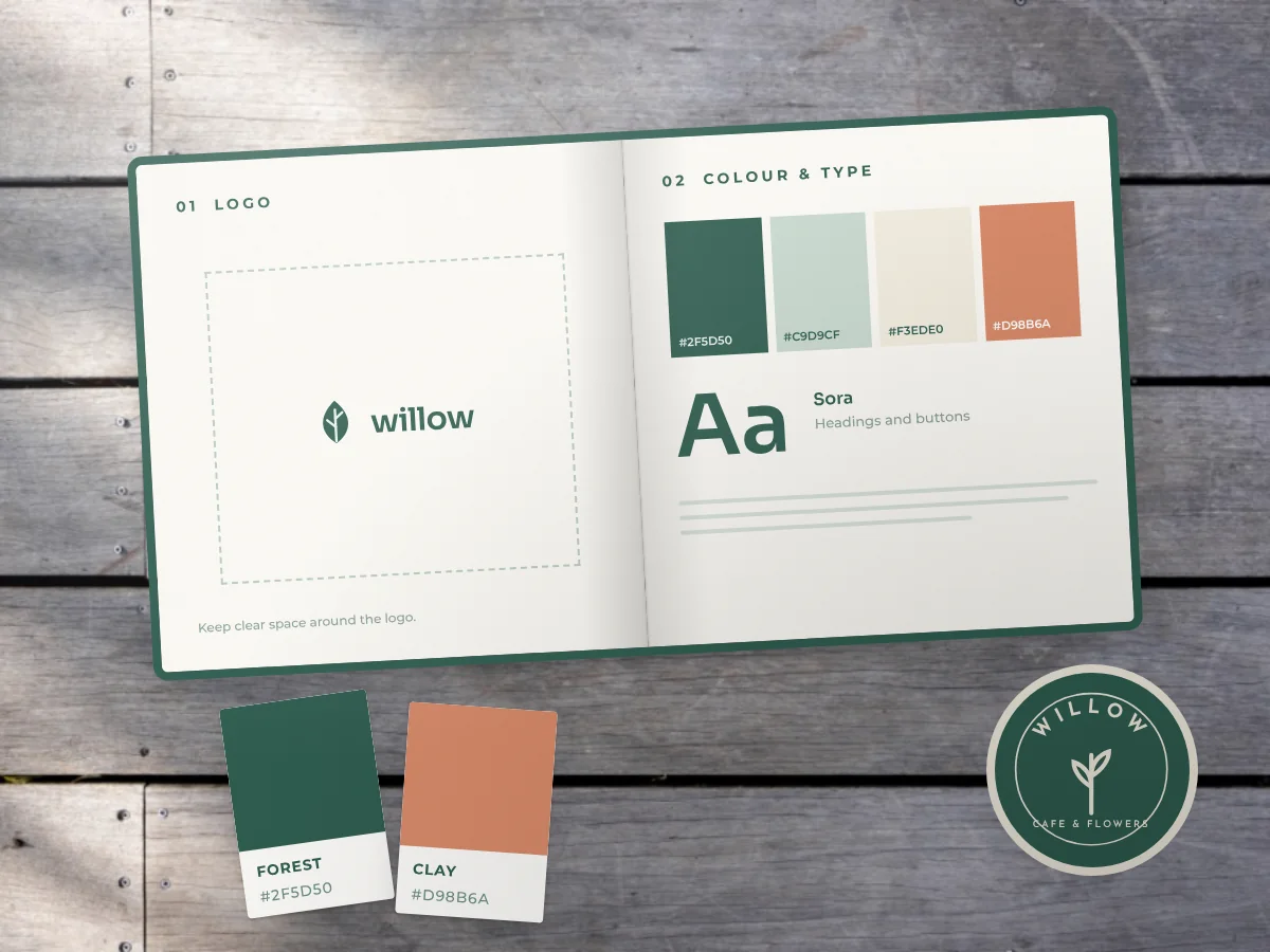 An open brand guidelines book with logo, colour and typography pages, by Buy Dream Web in London
