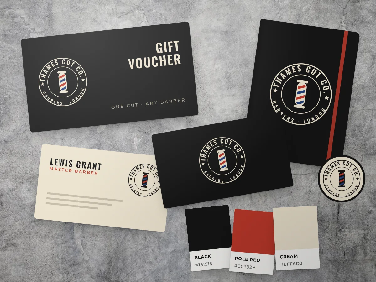 Barber shop brand kit: gift voucher, business cards, colour chips, a notebook and a sticker on concrete, by Buy Dream Web in London