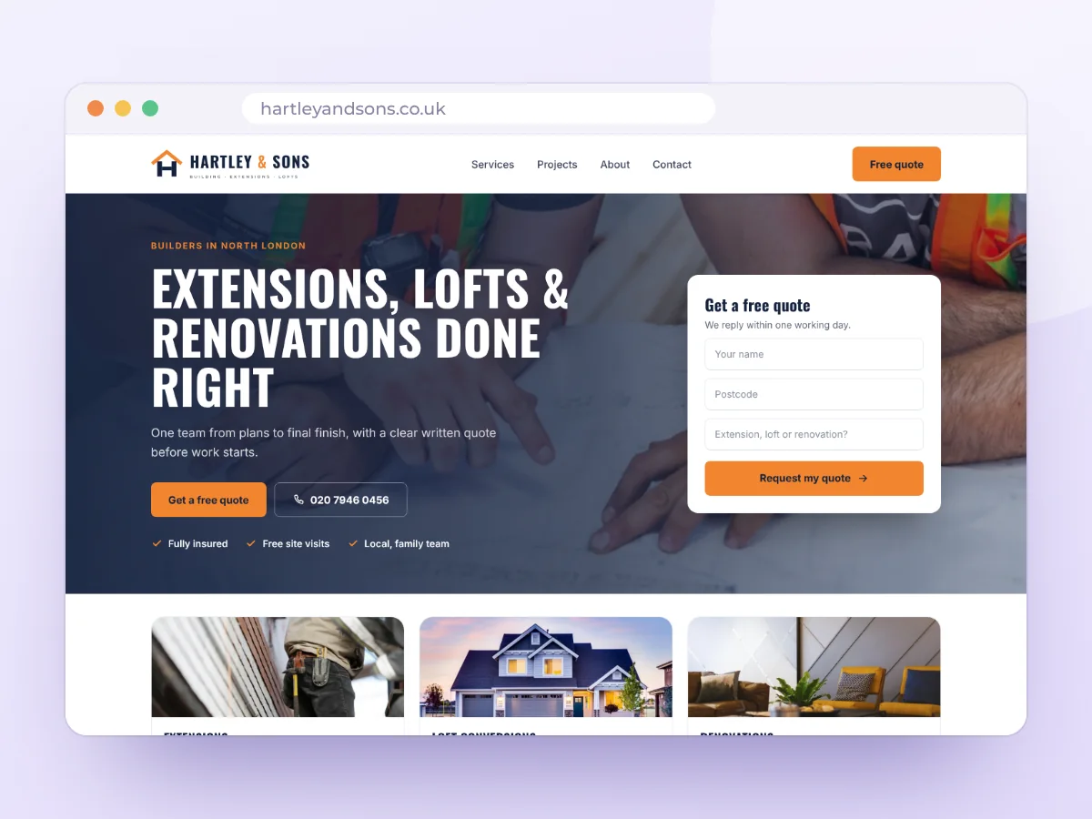 Hartley & Sons builders website concept, by Buy Dream Web in London
