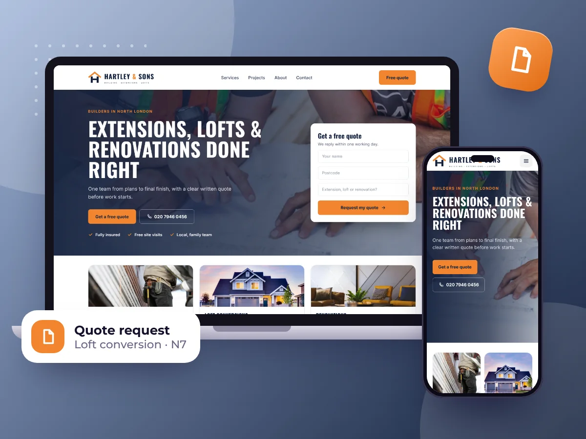 Builders website design with a free quote form, by Buy Dream Web in London