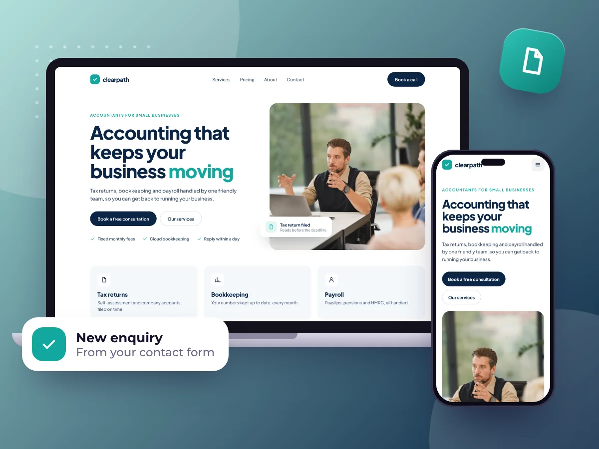 Accountancy firm website design on a laptop and phone, by Buy Dream Web in London