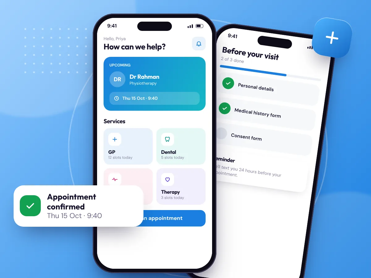 Clinic app mockup with appointments, services and patient forms, by Buy Dream Web in London