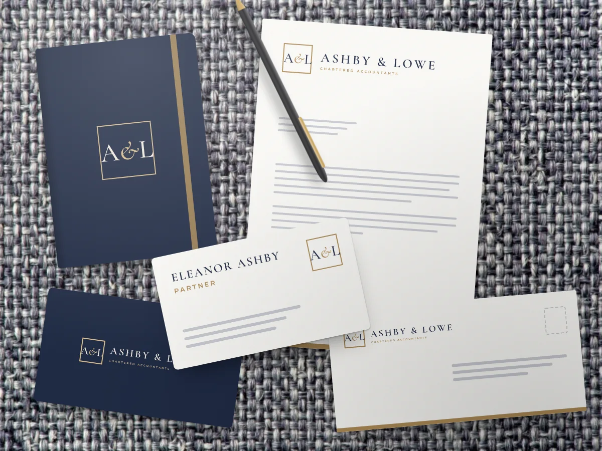 Accountancy firm stationery: letterhead, envelope, business cards, notebook and pen, by Buy Dream Web in London