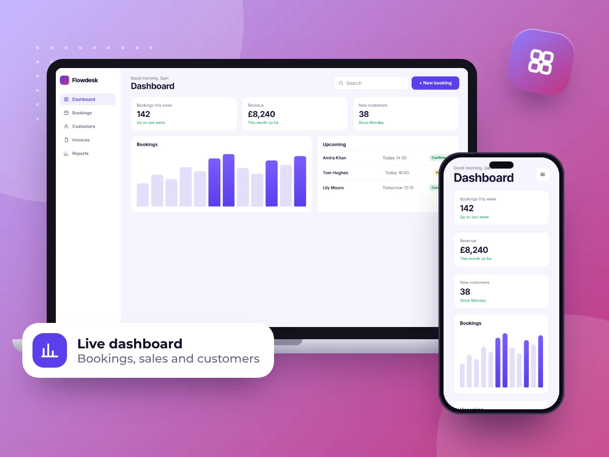 A custom web app dashboard design on a laptop and phone, by Buy Dream Web in London