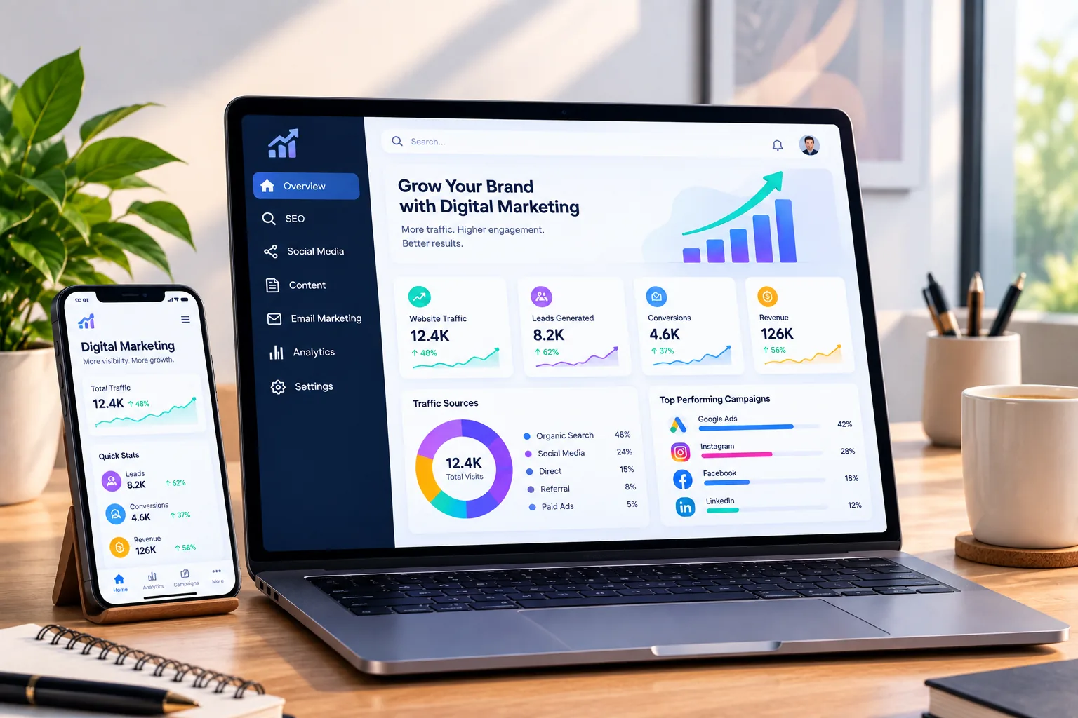Digital marketing dashboard on a laptop and phone showing website traffic, leads, conversions and campaign results