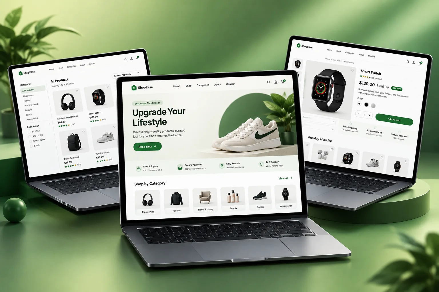 An e-commerce website design on three laptops: product listing, shop home page and product page, by Buy Dream Web in London