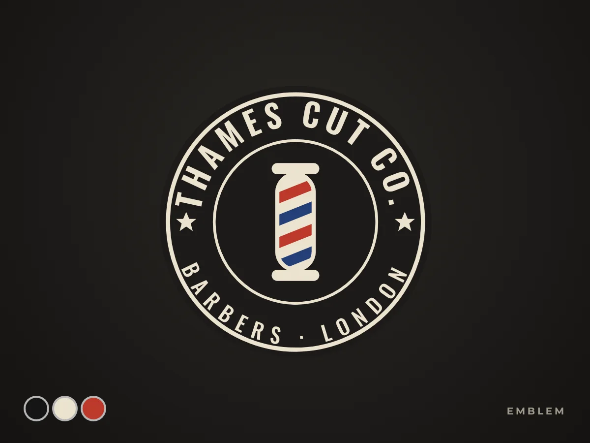 Circular emblem logo with a barber pole for a barbers called Thames Cut Co., by Buy Dream Web in London