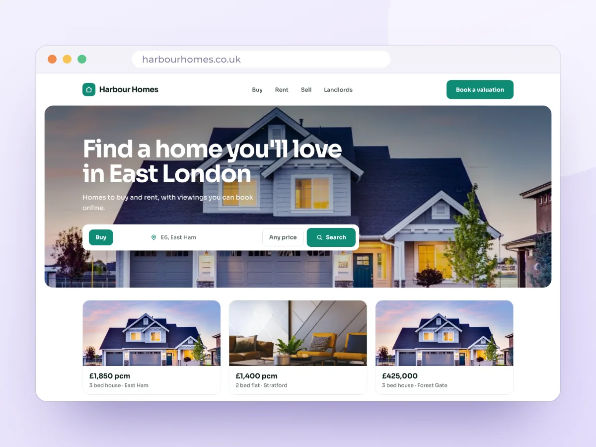 Estate agent website design with a property search, shown in a browser window, by Buy Dream Web in London