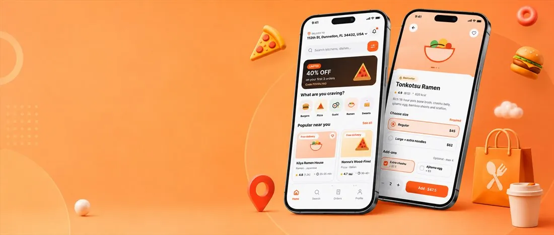 Food ordering app on two phones, showing the restaurant menu and a ramen order, by Buy Dream Web in London