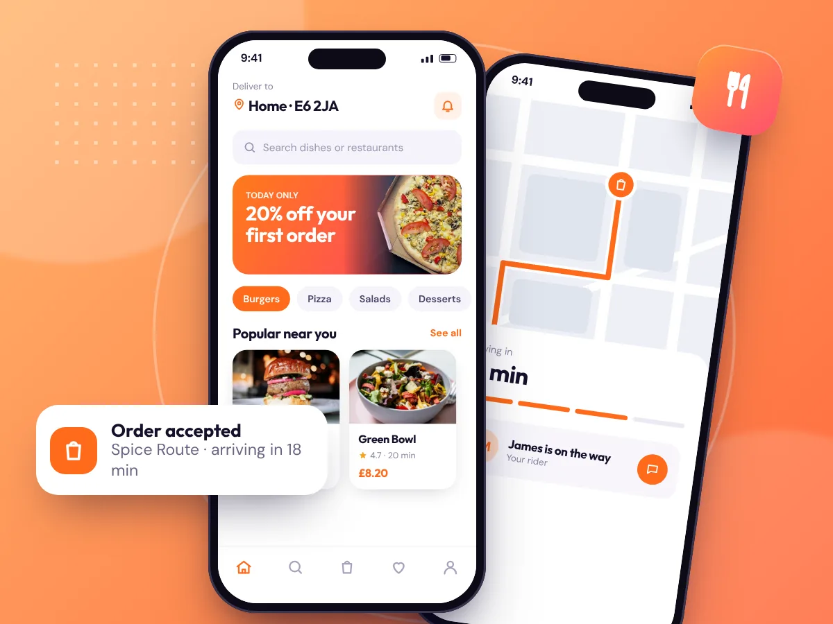Food ordering app concept on two phones, by Buy Dream Web in London