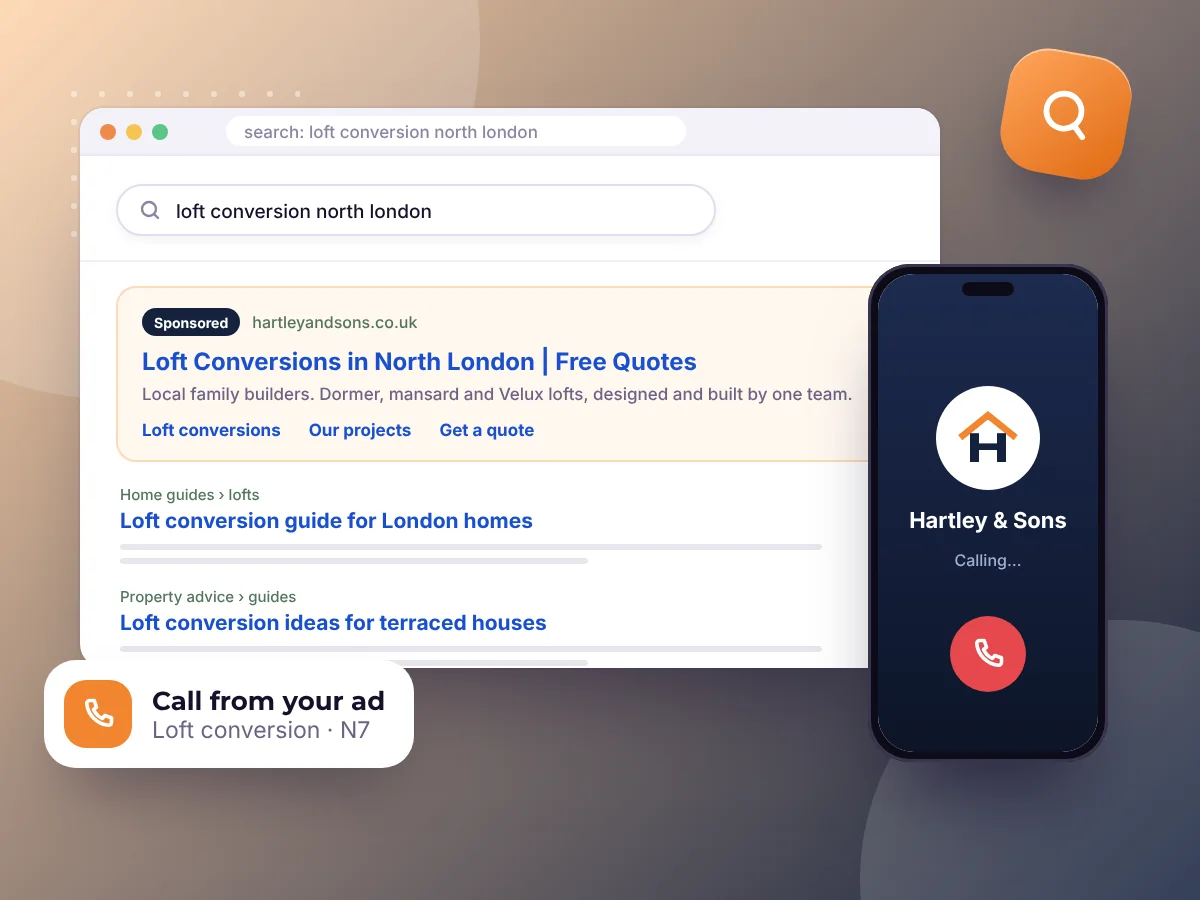 A sponsored search result for a builder and a phone calling the business, by Buy Dream Web in London