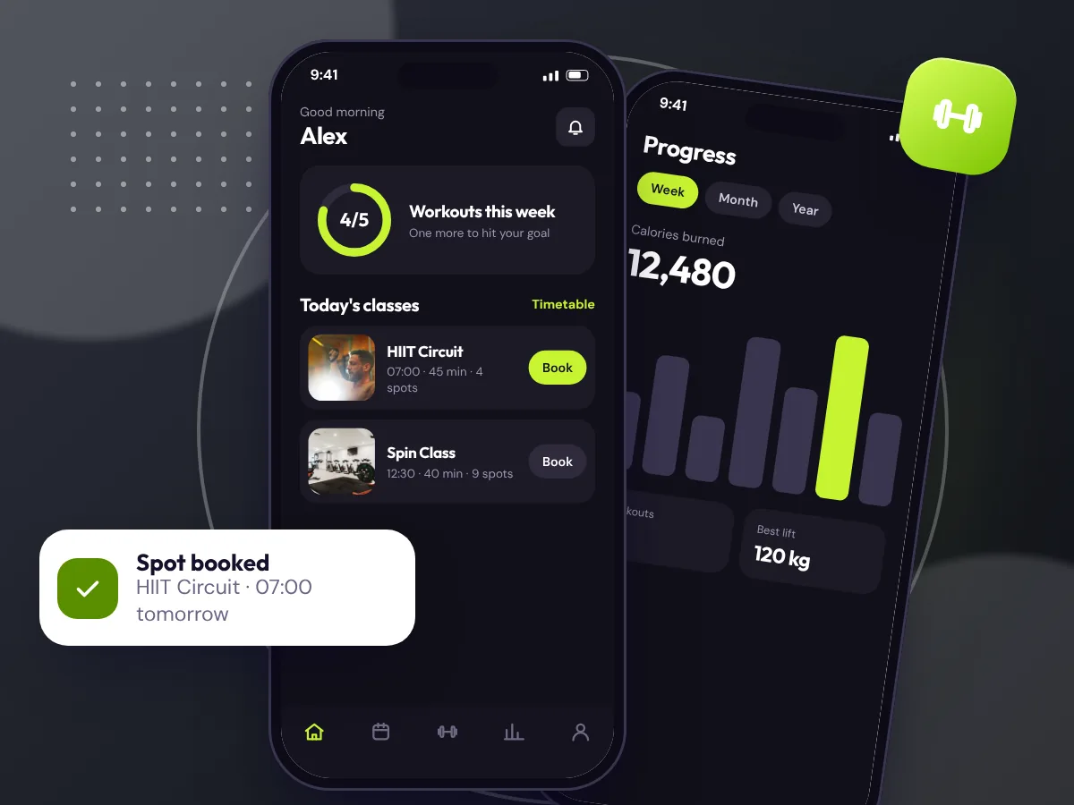 Gym app concept on two phones, by Buy Dream Web in London
