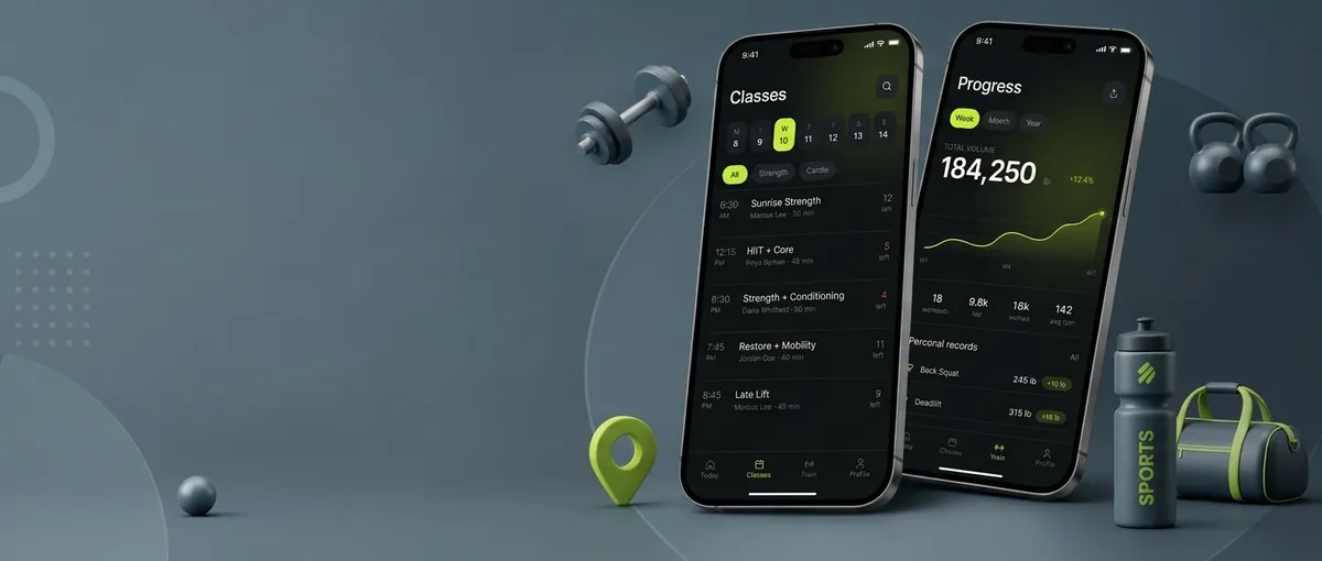 VOLT fitness app on two phones, showing the class timetable and a progress chart, by Buy Dream Web in London