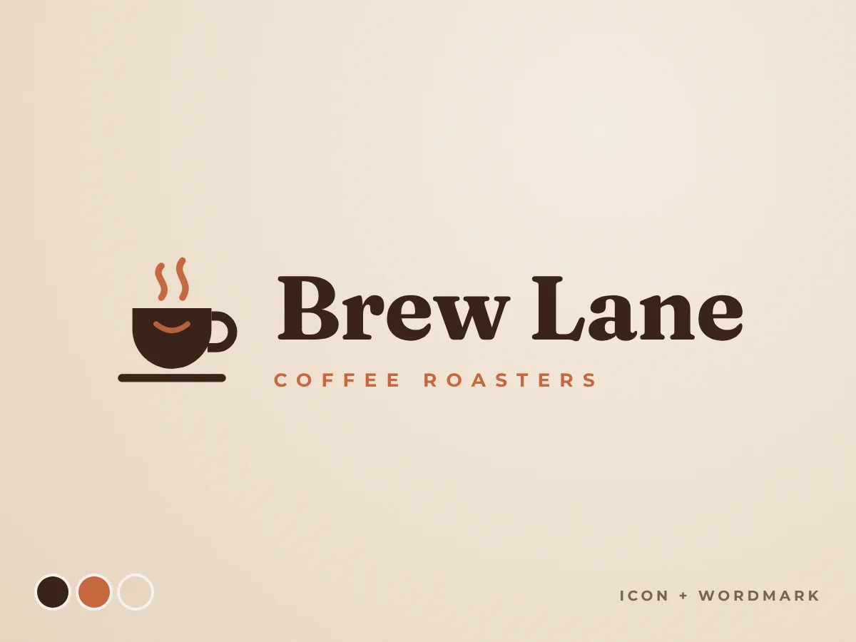 Coffee shop logo with a coffee cup icon and the name Brew Lane, by Buy Dream Web in London
