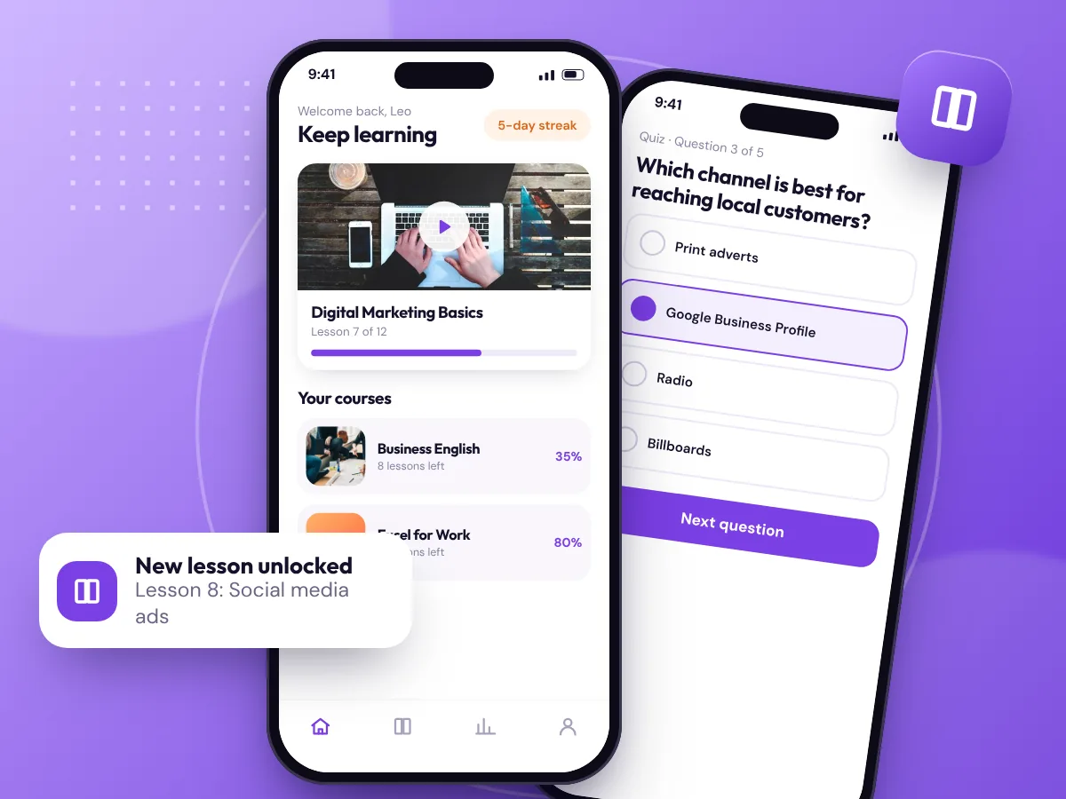 Learning app mockup with courses, lessons and a quiz, by Buy Dream Web in London