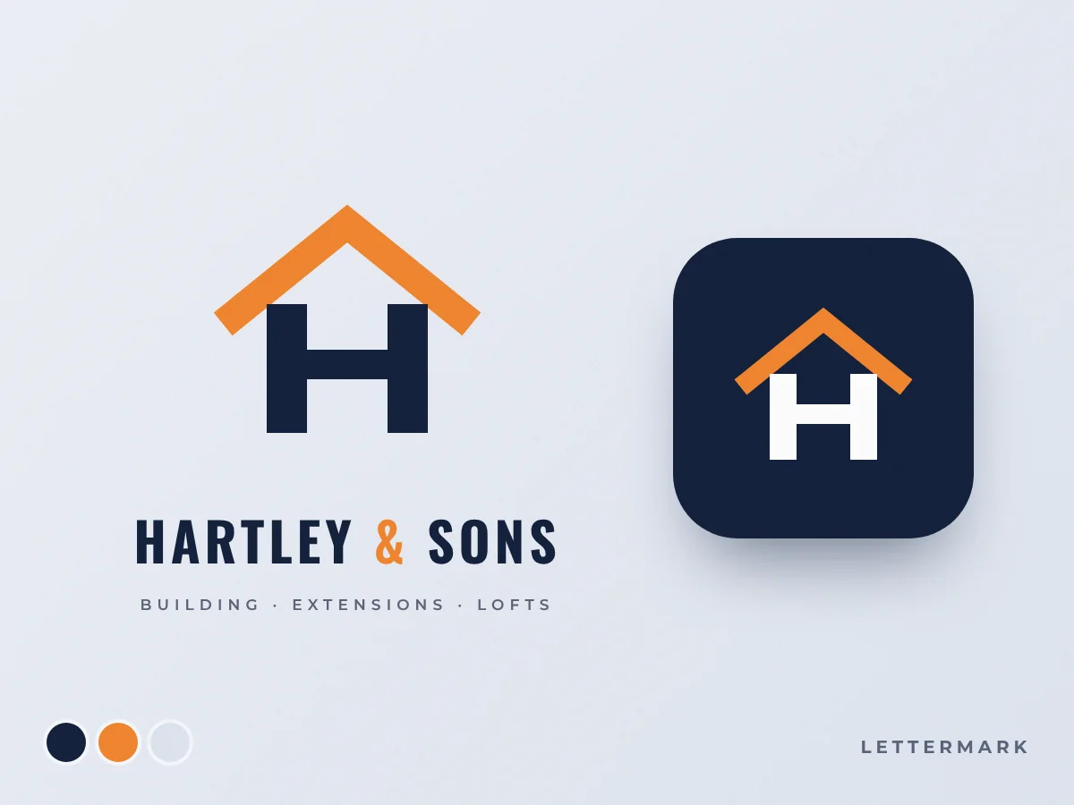 Lettermark logo for a builders firm: an H under a roof, also shown as an app icon, by Buy Dream Web in London