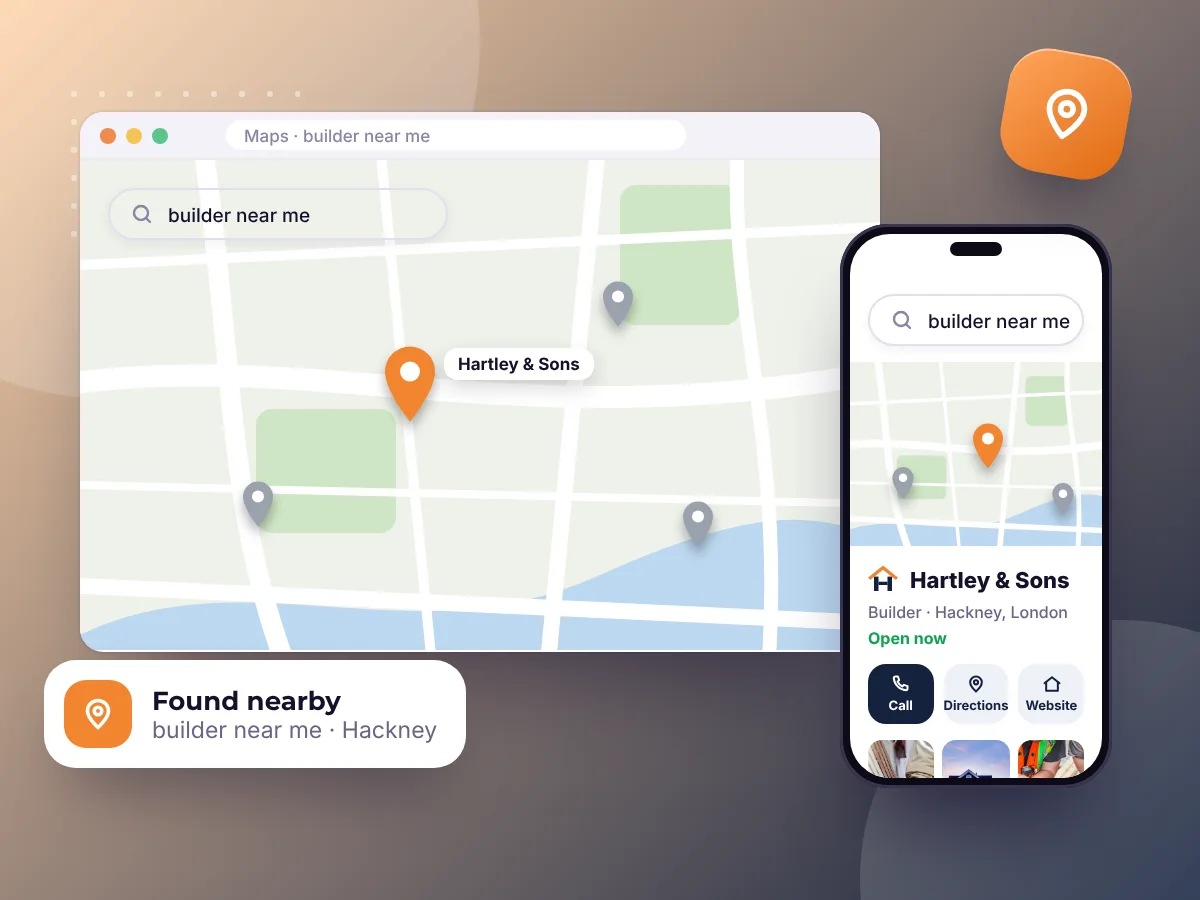 Local search results on a map and a phone, showing a builder in Hackney, by Buy Dream Web in London