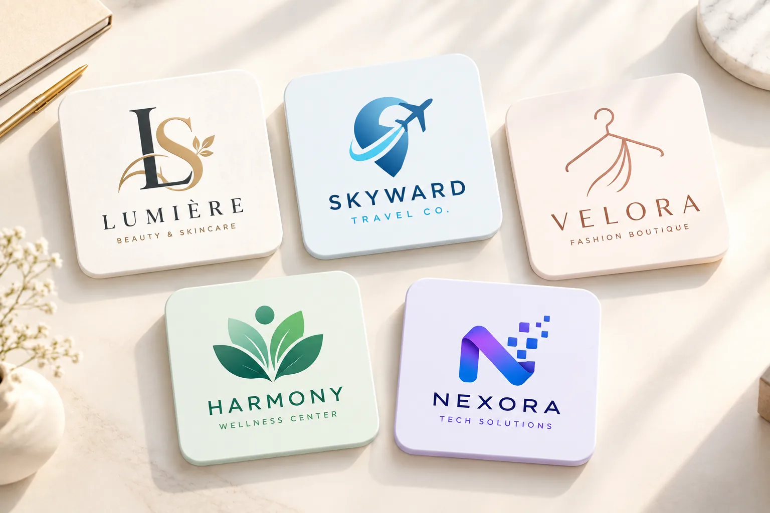 Five logo designs on coasters for beauty, travel, fashion, wellness and technology brands, by Buy Dream Web in London