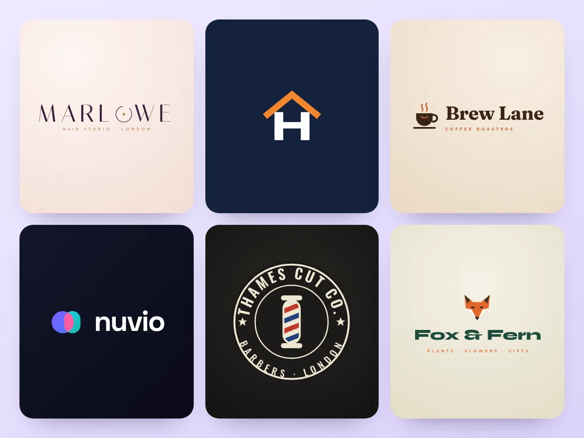 Six example logos for invented businesses: a hair studio, a builder, a coffee roaster, a money app, a barber and a plant shop, by Buy Dream Web in London