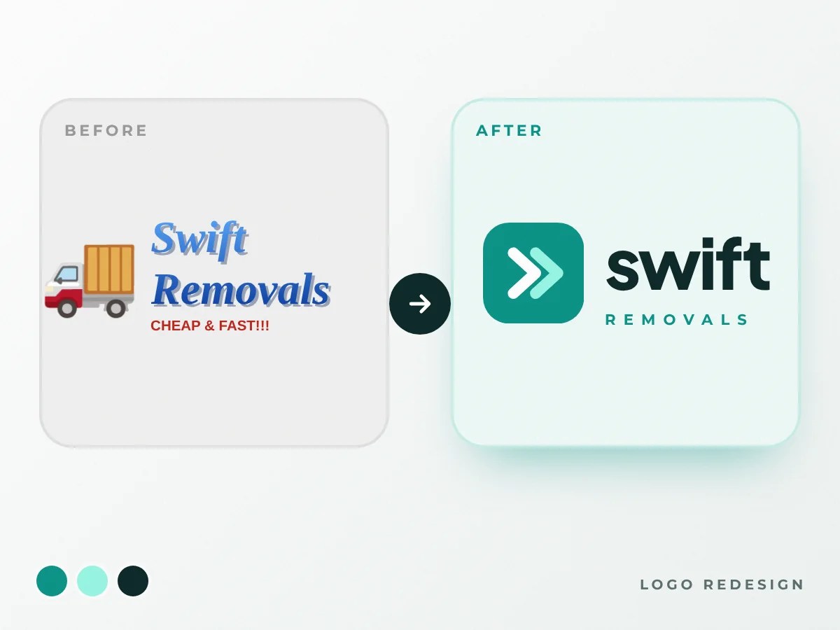 Before and after: a dated removals logo redesigned into a clean modern one, by Buy Dream Web in London