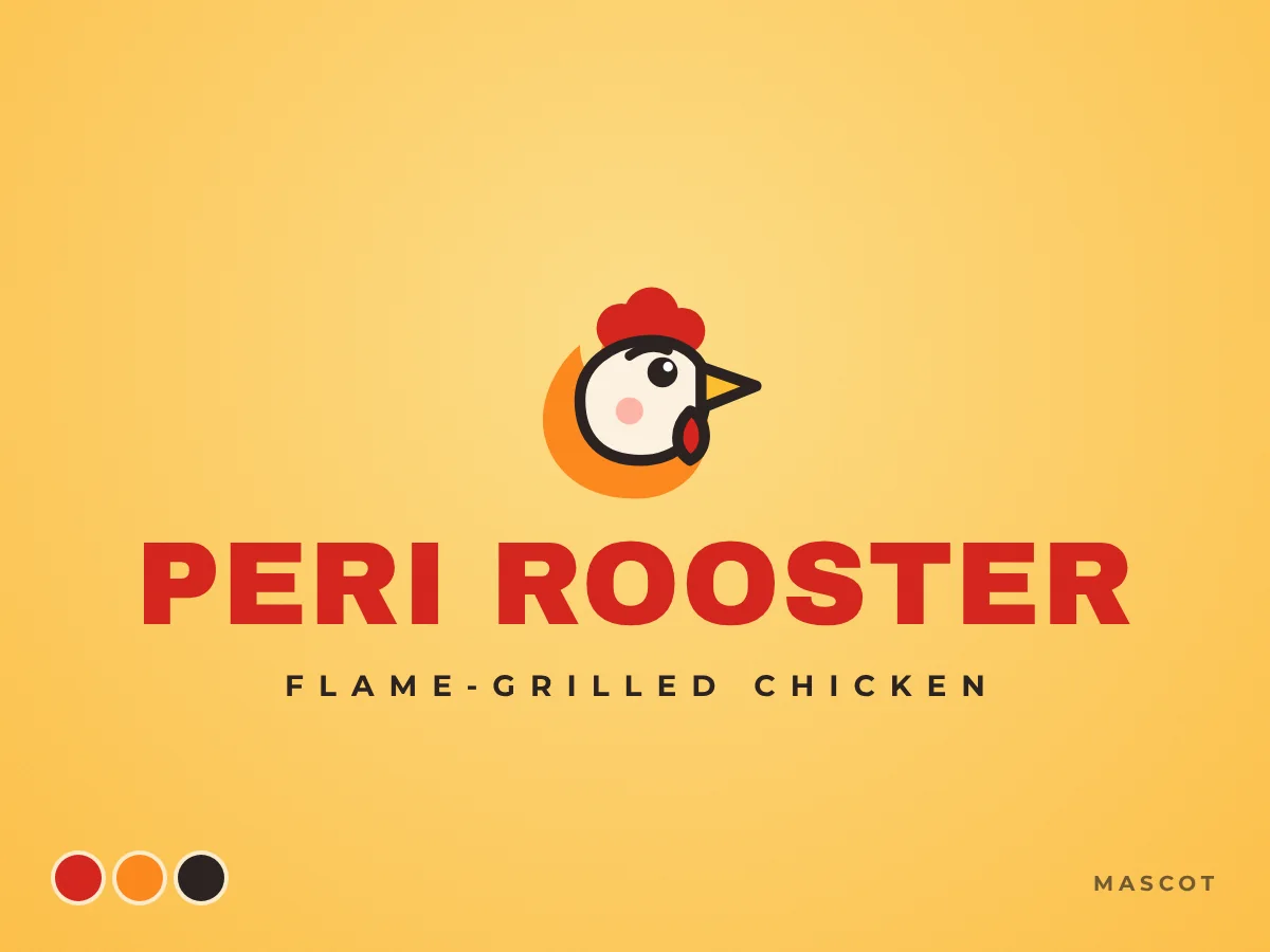 Mascot logo with a friendly rooster for a chicken takeaway, by Buy Dream Web in London