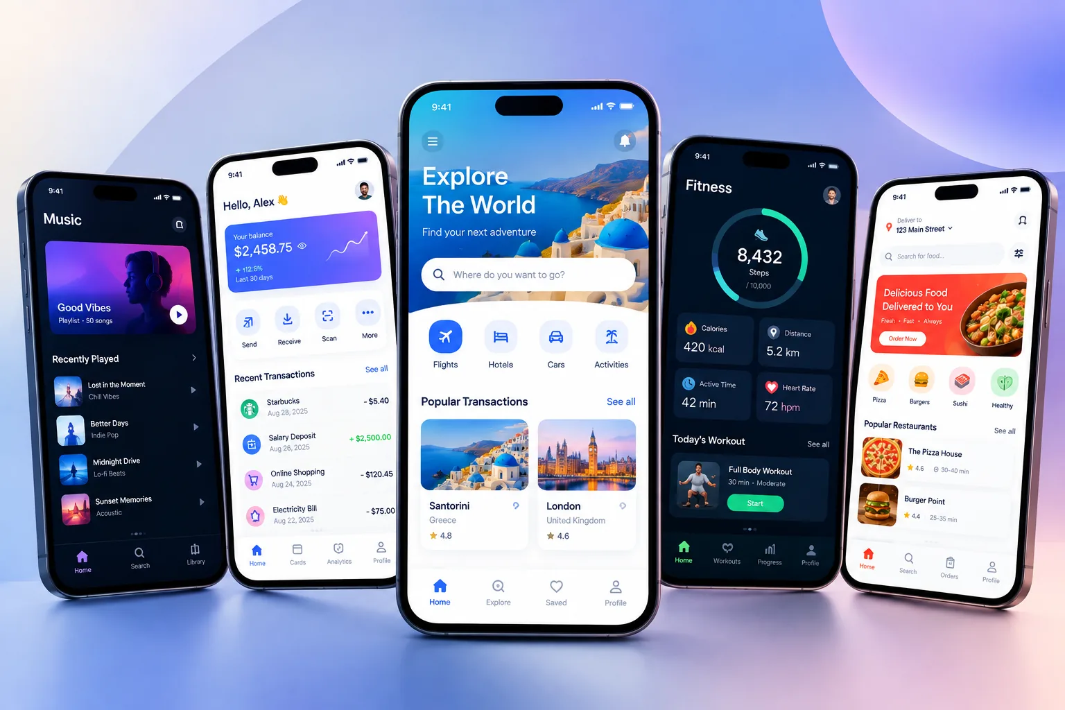 Five mobile app designs on iPhones: music, banking, travel, fitness and food delivery apps