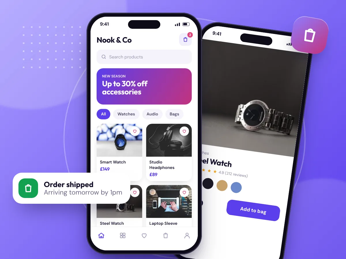 Online shop app concept on two phones, by Buy Dream Web in London