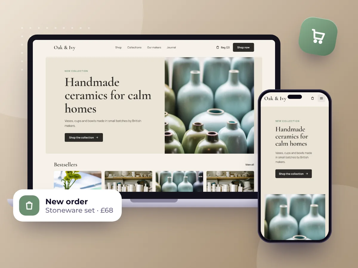 Online shop design for handmade ceramics on a laptop and phone, by Buy Dream Web in London