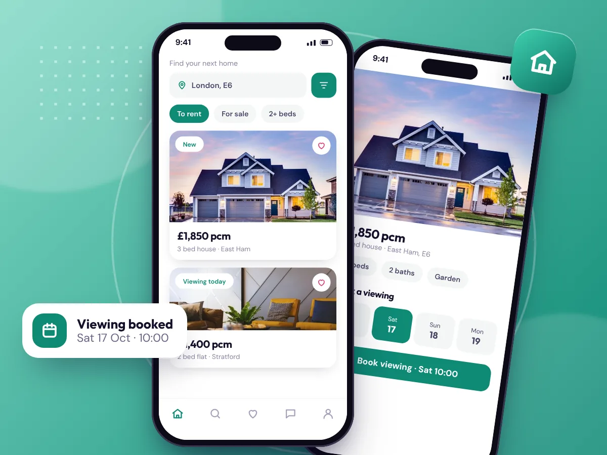 Property app concept on two phones, by Buy Dream Web in London