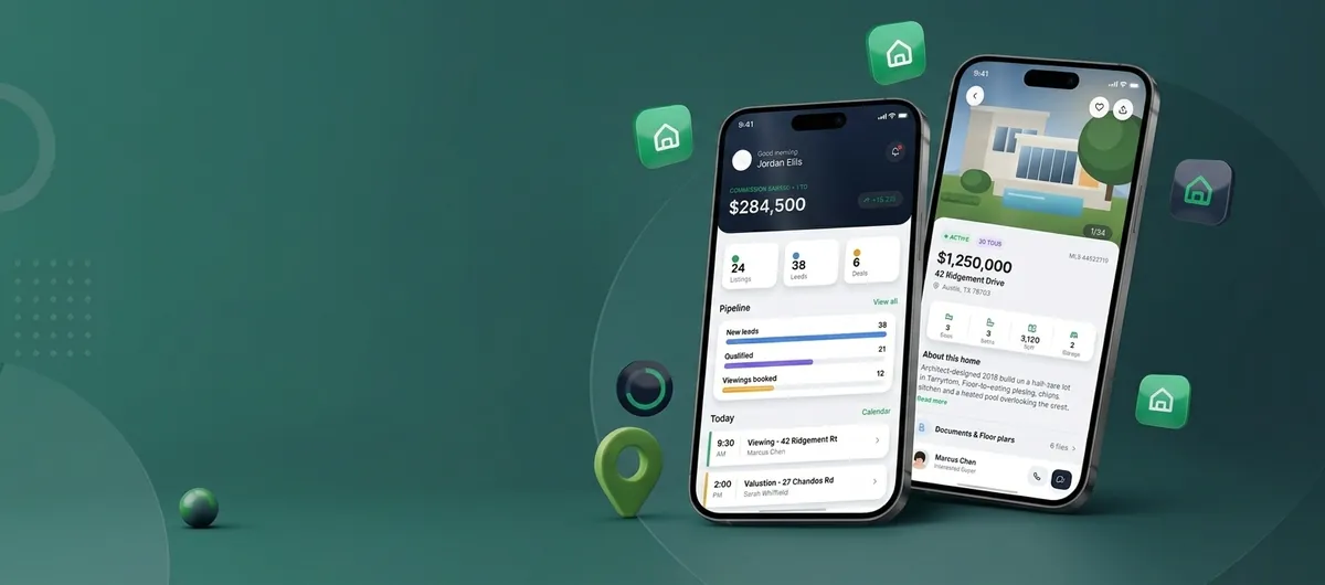 KEYSTONE real estate app on two phones, showing a sales pipeline and a property listing, by Buy Dream Web in London