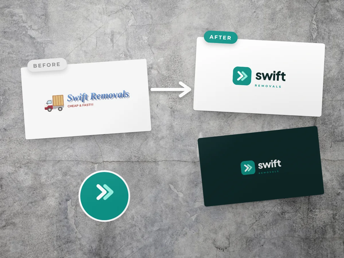Rebrand for a removals company: the old business card next to the new identity, by Buy Dream Web in London