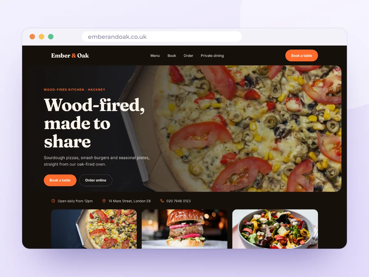 Ember & Oak restaurant website concept, by Buy Dream Web in London