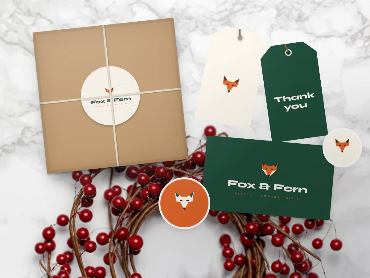 Florist packaging: a kraft gift box, gift tags, stickers and a business card, by Buy Dream Web in London