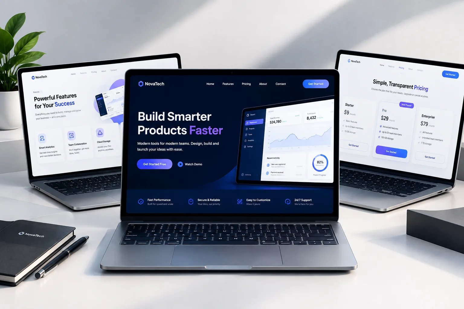 A custom software company website design shown on three laptops: home, features and pricing pages, by Buy Dream Web in London
