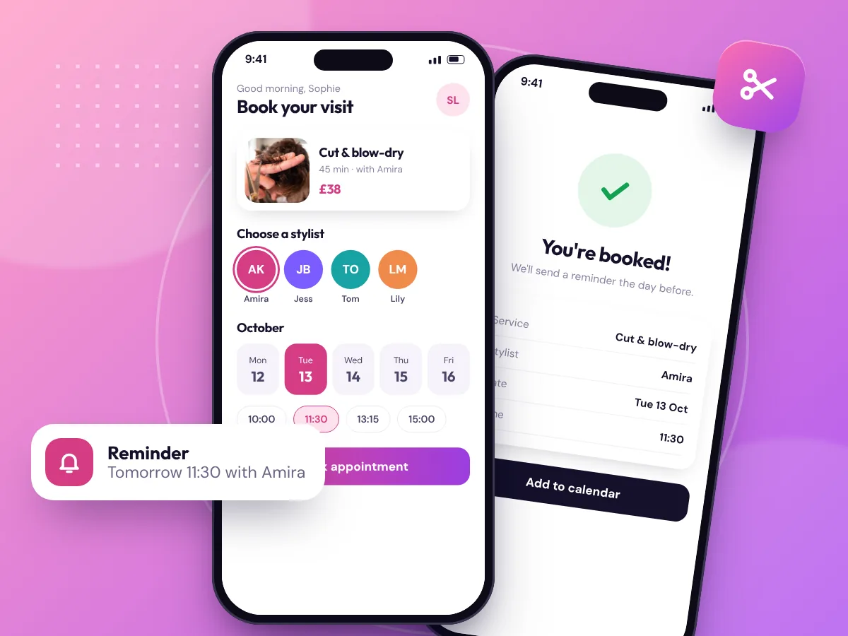 Salon booking app concept on two phones, by Buy Dream Web in London