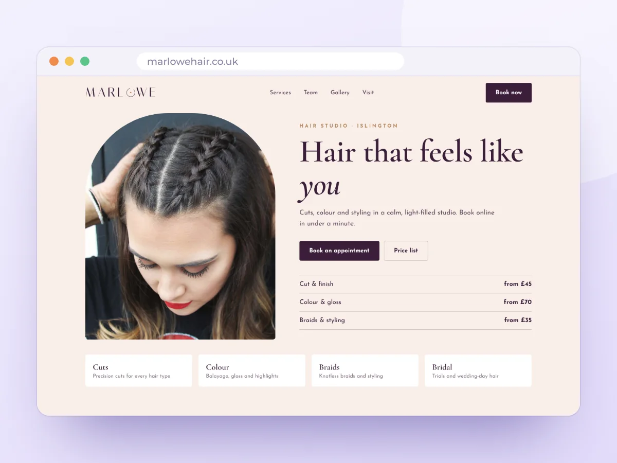 Marlowe hair studio website concept, by Buy Dream Web in London