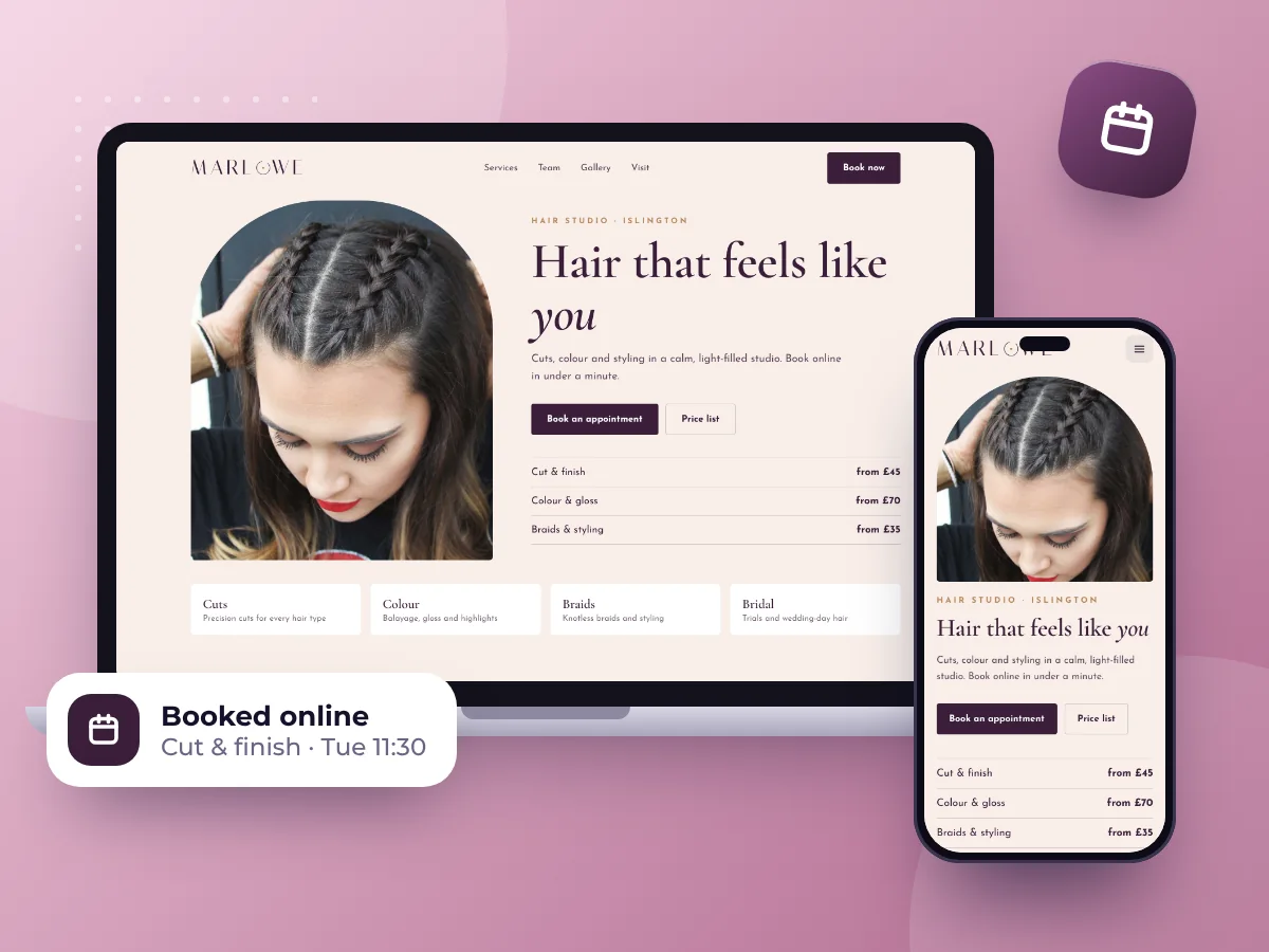 Hair salon website design with online booking and a price list, by Buy Dream Web in London