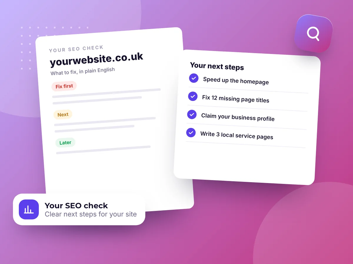 An SEO check listing what to fix first, next and later, by Buy Dream Web in London