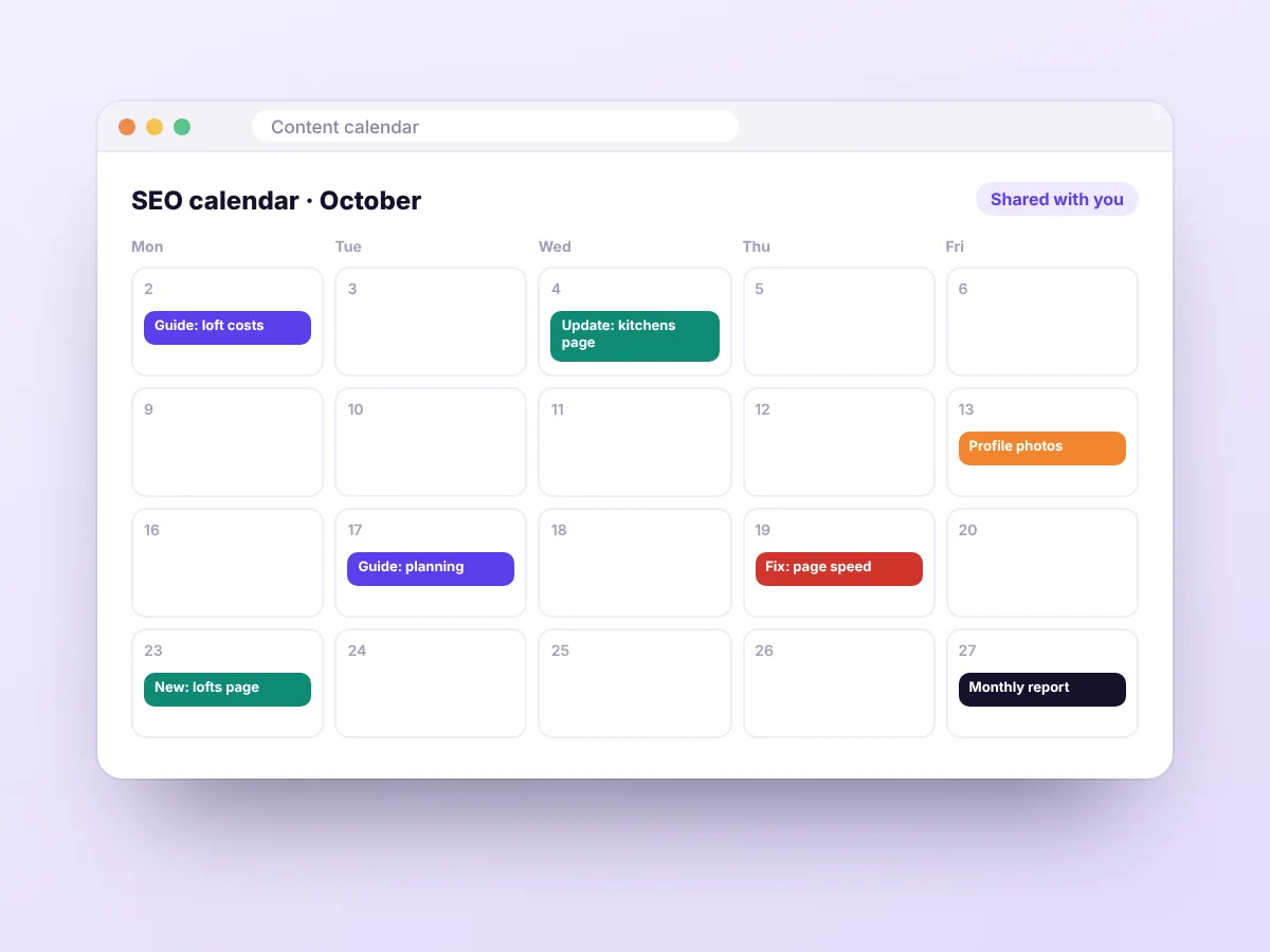 Example SEO calendar with guides, page updates and fixes planned for the month, by Buy Dream Web in London