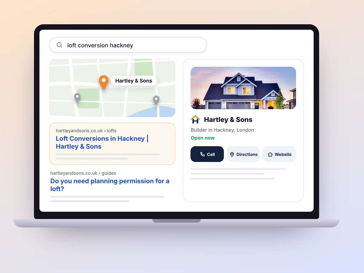 Search results with a local builder on the map, in the results and in a business profile, by Buy Dream Web in London