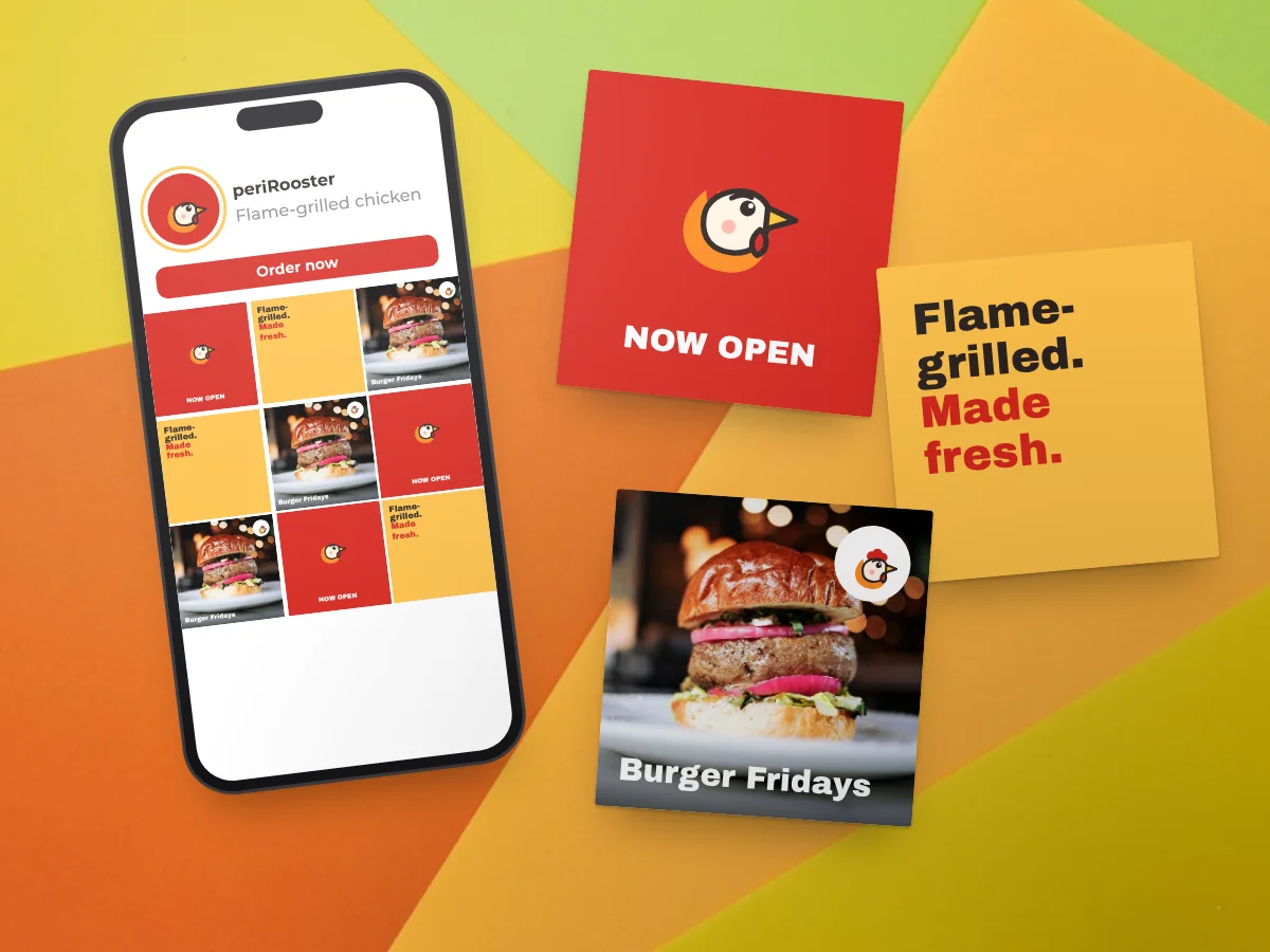 Social media brand kit for a takeaway: a profile on a phone and three post designs, by Buy Dream Web in London