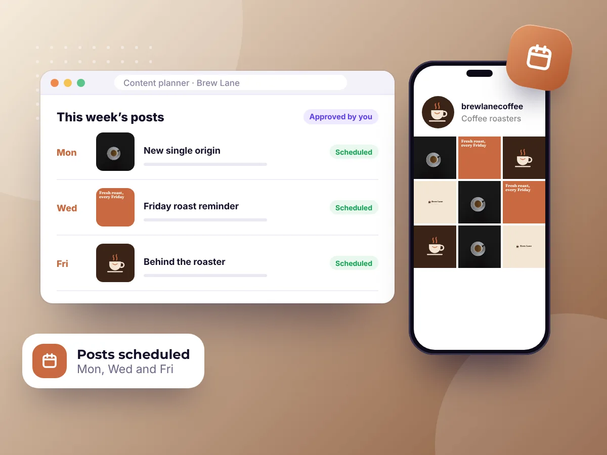 A coffee roaster's week of scheduled posts and its social profile on a phone, by Buy Dream Web in London