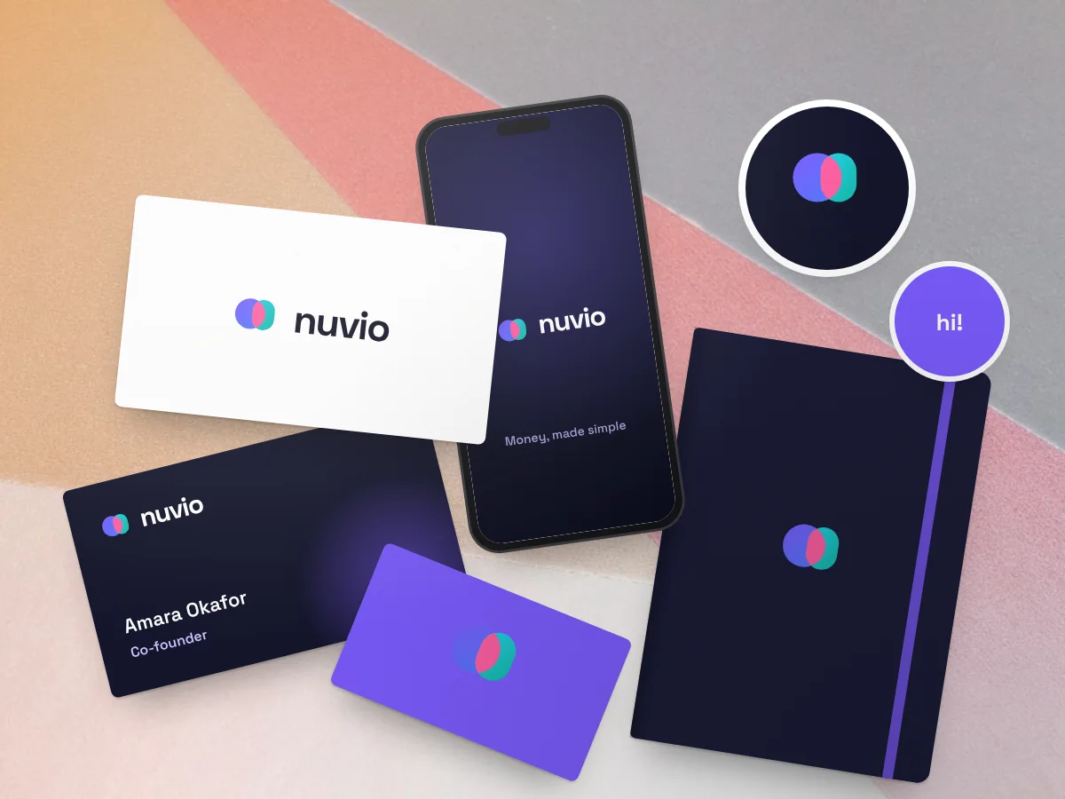 Start-up brand kit for a money app: business cards, phone, notebook and stickers, by Buy Dream Web in London