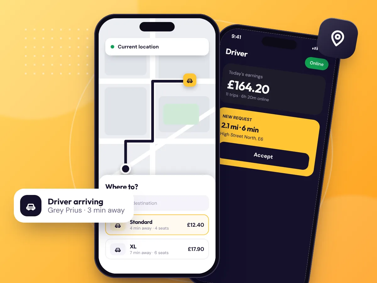 Taxi and delivery app concept on two phones, by Buy Dream Web in London