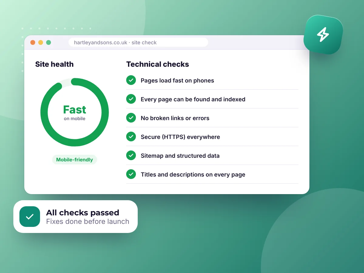 A website health check with speed, indexing and structured data checks passed, by Buy Dream Web in London