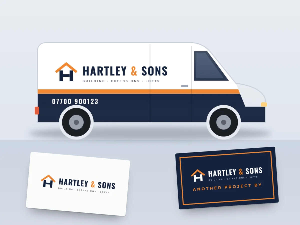 Builder branding: van livery, a site board and a business card, by Buy Dream Web in London
