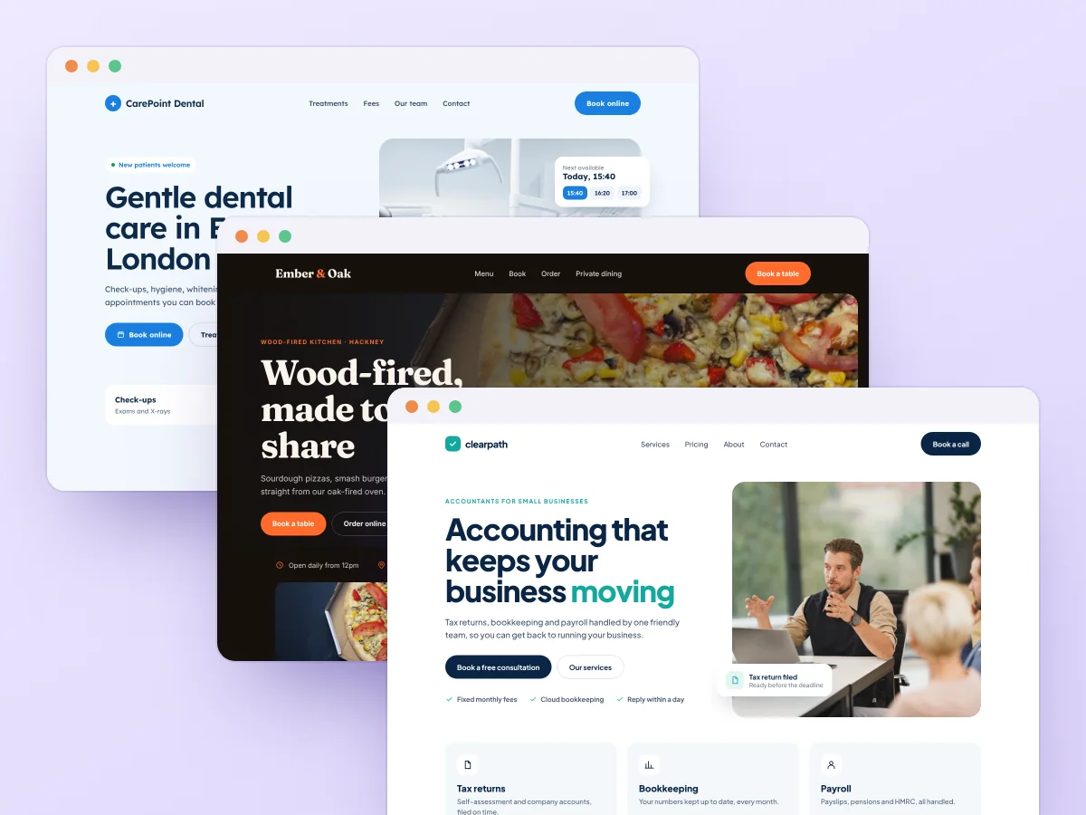 Three website designs in browser windows: a dental clinic, a restaurant and an accountancy firm, by Buy Dream Web in London