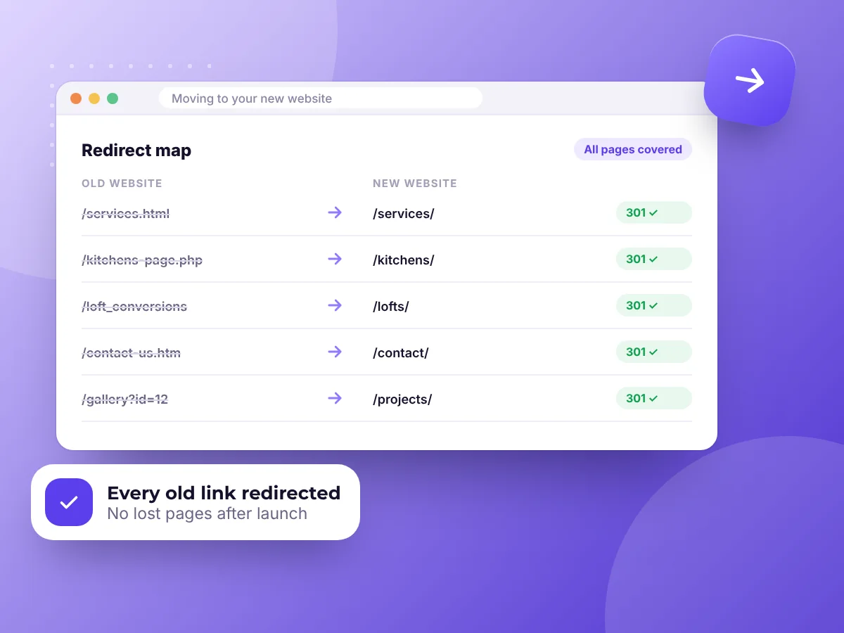 A redirect map from old website addresses to new ones, by Buy Dream Web in London