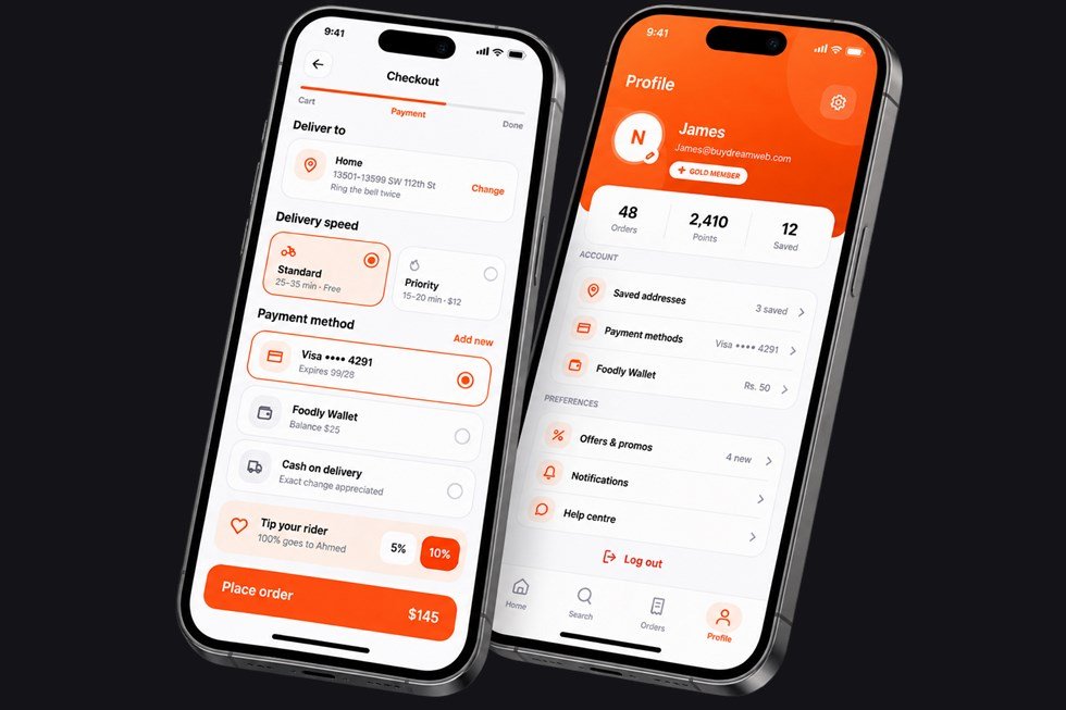 Checkout screen with delivery speed and payment options, beside a customer profile screen showing orders and loyalty points., by Buy Dream Web in London