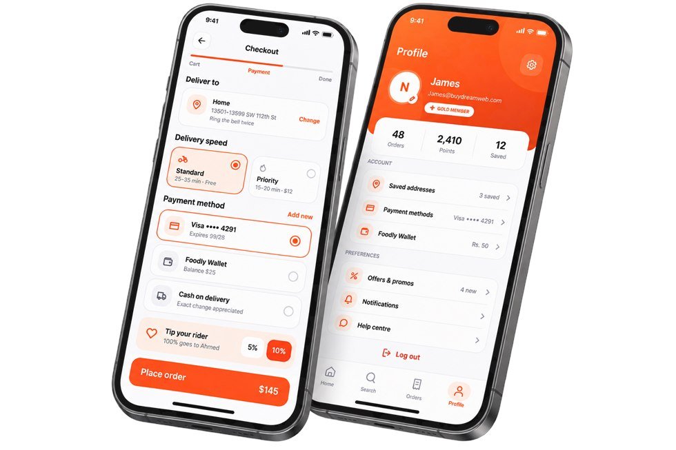 Checkout screen with delivery speed and payment options beside a profile screen showing orders, points and saved addresses., by Buy Dream Web in London